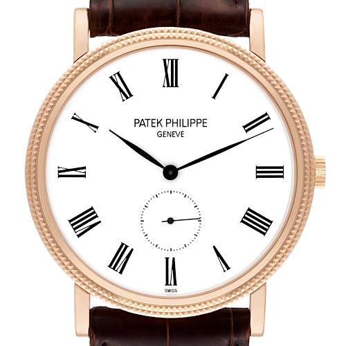 This image shows a front view of the Patek Philippe Calatrava 5119R Men's Rose Gold White Dial 5119R Men's Rose Gold White Dial watch, highlighting the dial, hands, and crown.