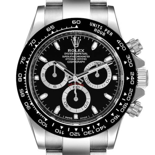 This image shows a close-up front view of the face and bezel of a Rolex Daytona 116500 Men's Stainless Steel Black Dial 116500 Men's Stainless Steel Black Dial watch.