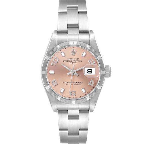 The Rolex Date 79190 Women's Stainless Steel Pink Dial model is shown from the front, highlighting the dial, bracelet, and date window.