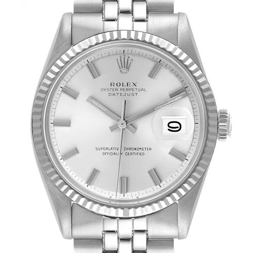 The image shows a frontal view of the Rolex Vintage Collection 1601 Men's Stainless Steel Silver Dial 1601 Men's Stainless Steel Silver Dial model, highlighting the dial, bezel, crown, and bracelet.