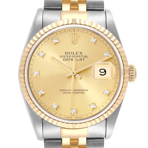 The Rolex Datejust 16233 Men's Steel and Gold (two tone) Champagne Dial 16233 Men's Steel and Gold (two tone) Champagne Dial watch is shown from a front angle, displaying its face, bezel, crown, and part of the bracelet.