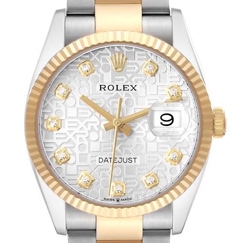 The Rolex Datejust 126233 Men's Steel and Gold (two tone) Silver Dial watch is shown from the front, highlighting the dial, bezel, hands, and part of the bracelet.