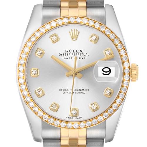 The Rolex Datejust 116243 Men's Steel and Gold (two tone) Silver Dial watch is shown from the front, highlighting the dial, diamond hour markers, and date window.