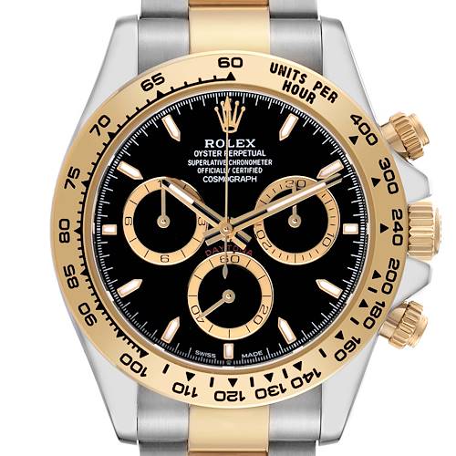The image shows a Rolex Daytona 126503 Men's Steel and Gold (two tone) Black Dial watch from a front angle, highlighting the bezel, face, subdials, and crown.