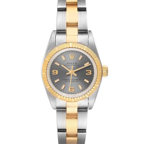 This Rolex Oyster Perpetual 76243 Women's Steel and Gold (two tone) Grey Dial 76243 Women's Steel and Gold (two tone) Grey Dial watch is shown from a front angle, displaying its dial, bezel, and two-tone bracelet.