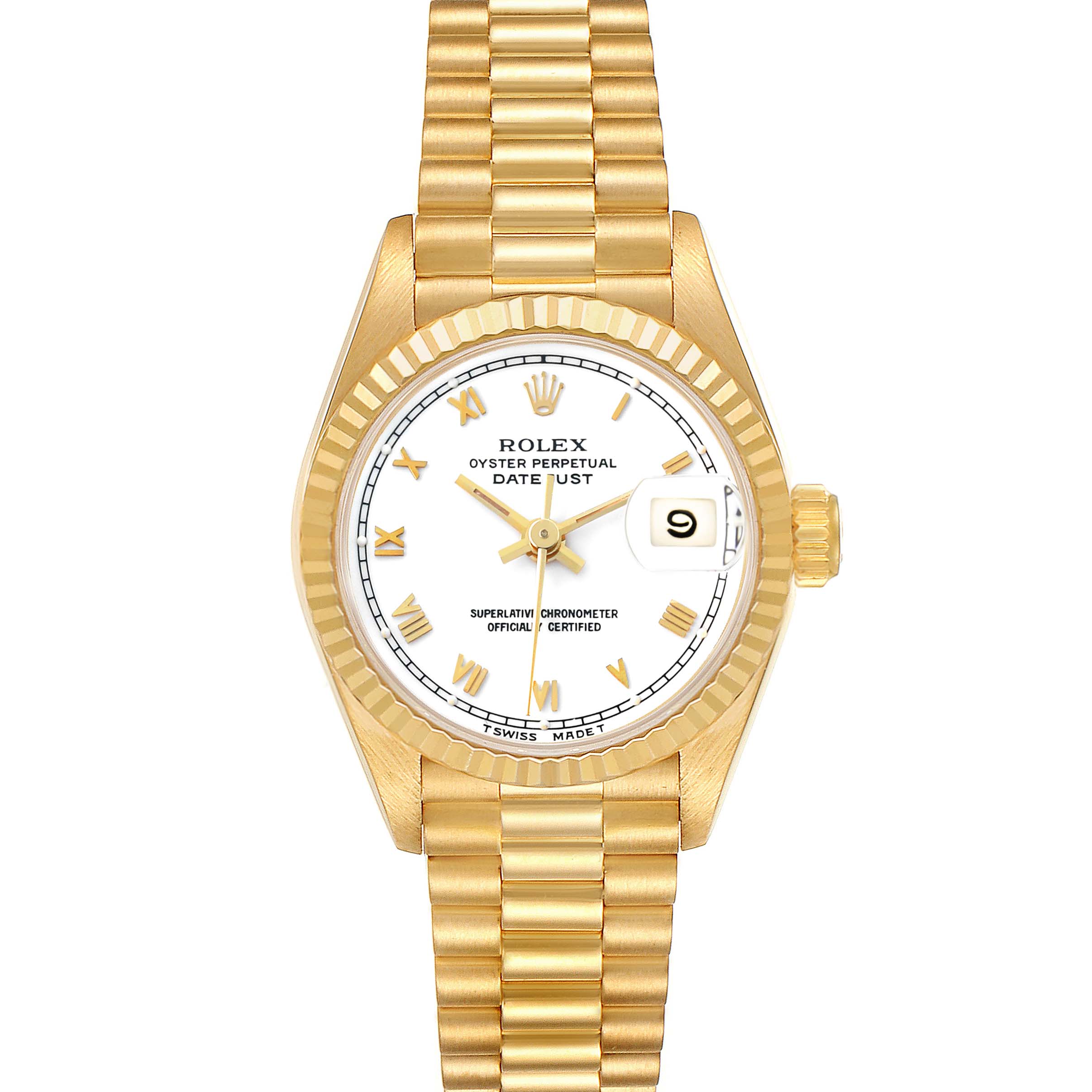 The Rolex Datejust 69178 Women's Yellow Gold White Dial watch is shown head-on, displaying the dial, bezel, crown, and bracelet.