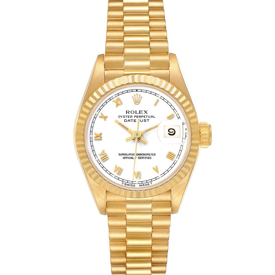 The Rolex Datejust 69178 Women's Yellow Gold White Dial watch is shown head-on, displaying the dial, bezel, crown, and bracelet.