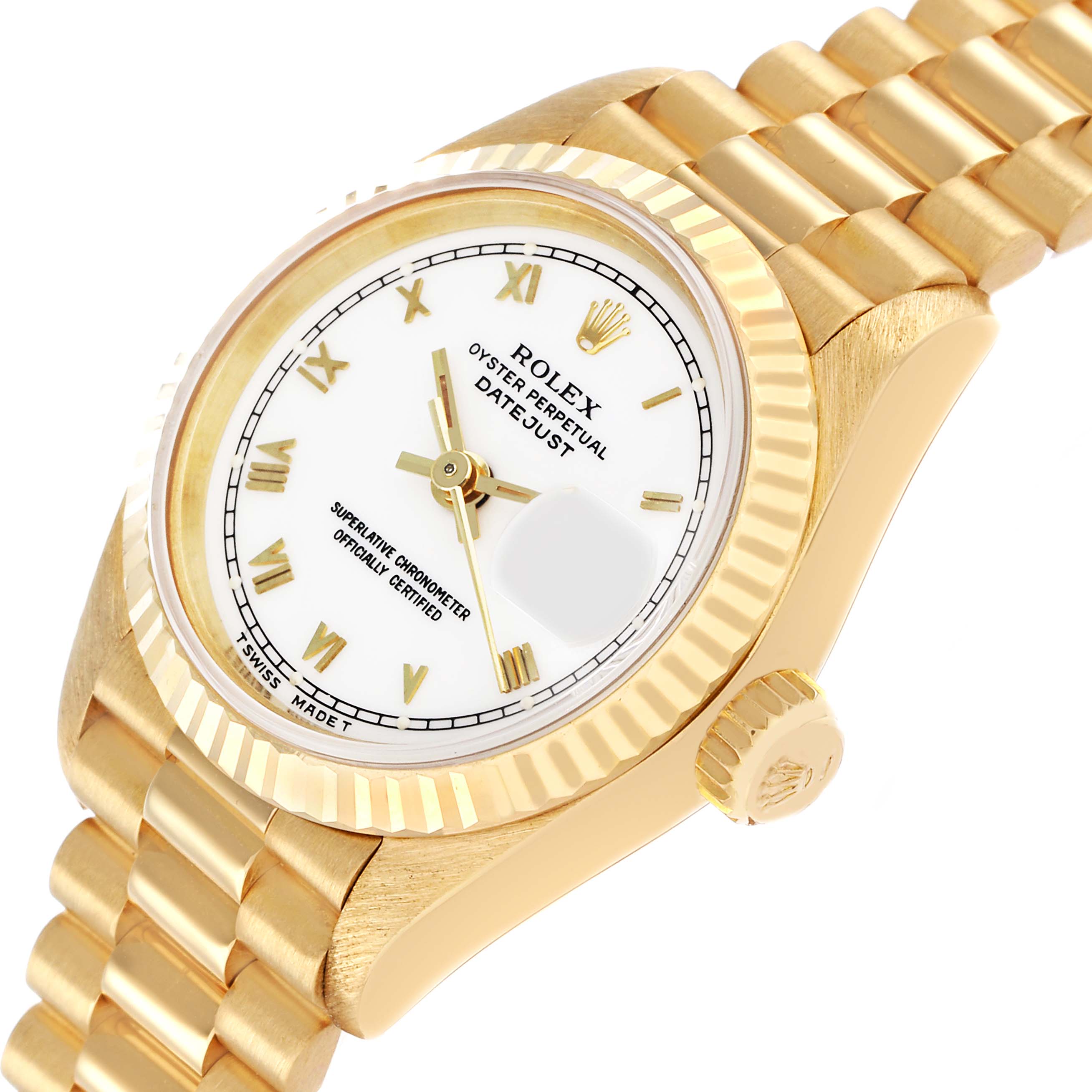 The image shows a Rolex Datejust 69178 Women's Yellow Gold White Dial at an angle highlighting the dial, fluted bezel, crown, and part of the bracelet.