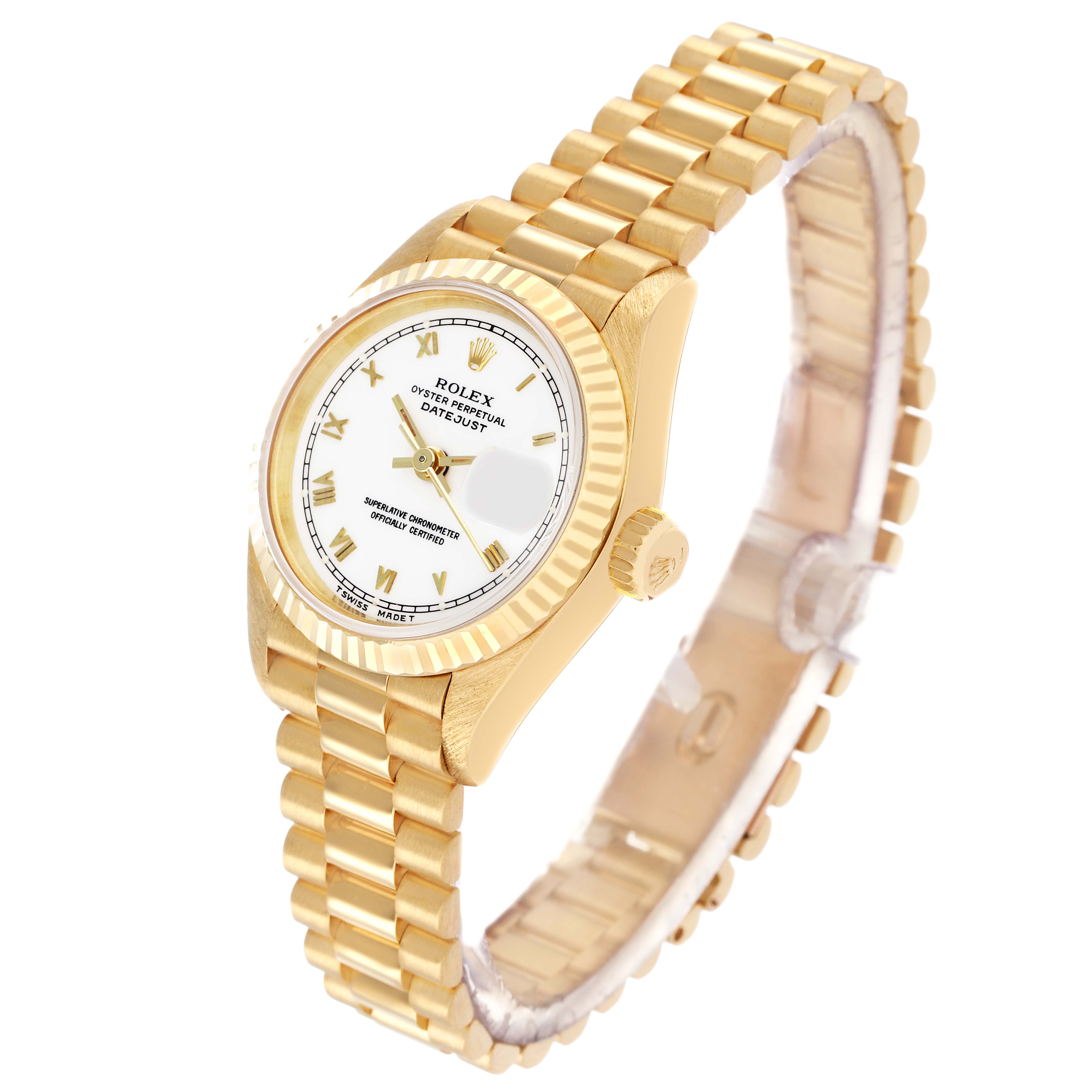 The Rolex Datejust 69178 Women's Yellow Gold White Dial watch is shown at an angle displaying its white dial, fluted bezel, and gold bracelet.