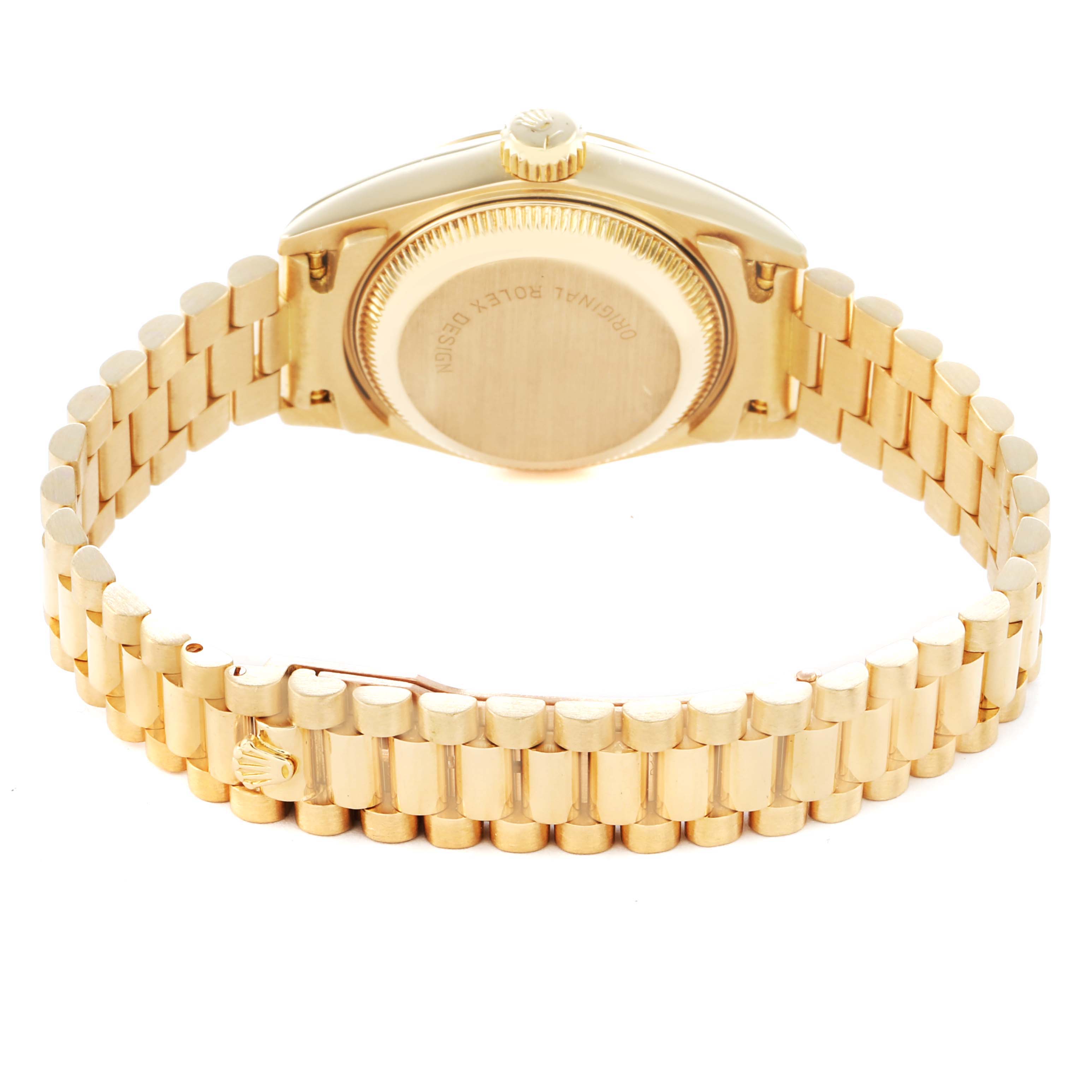 The image shows the back and bracelet of a Rolex Datejust 69178 Women's Yellow Gold White Dial watch, highlighting the case back, crown, and gold link bracelet.