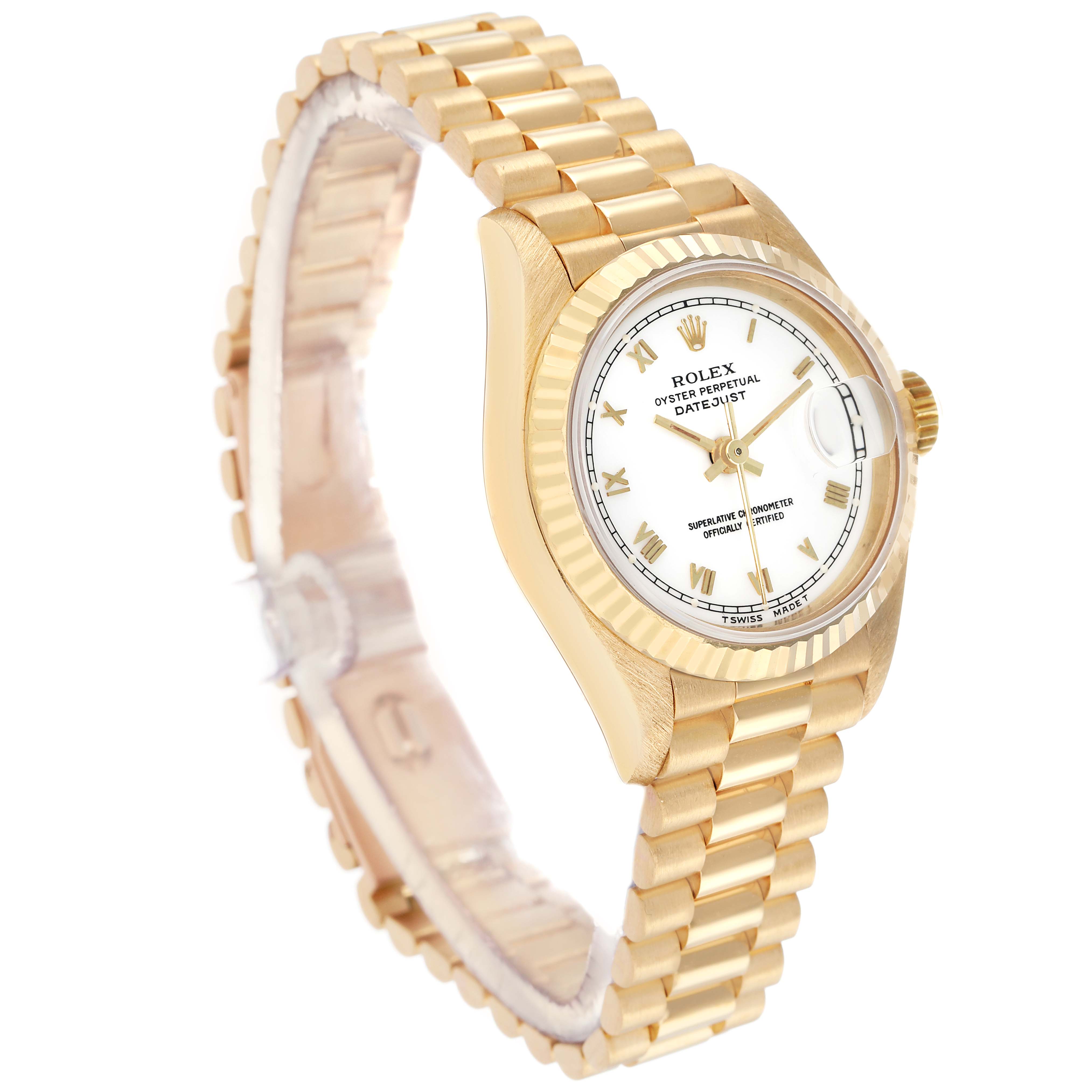 The Rolex Datejust 69178 Women's Yellow Gold White Dial watch is shown at a three-quarter angle, displaying the face, bezel, and bracelet.