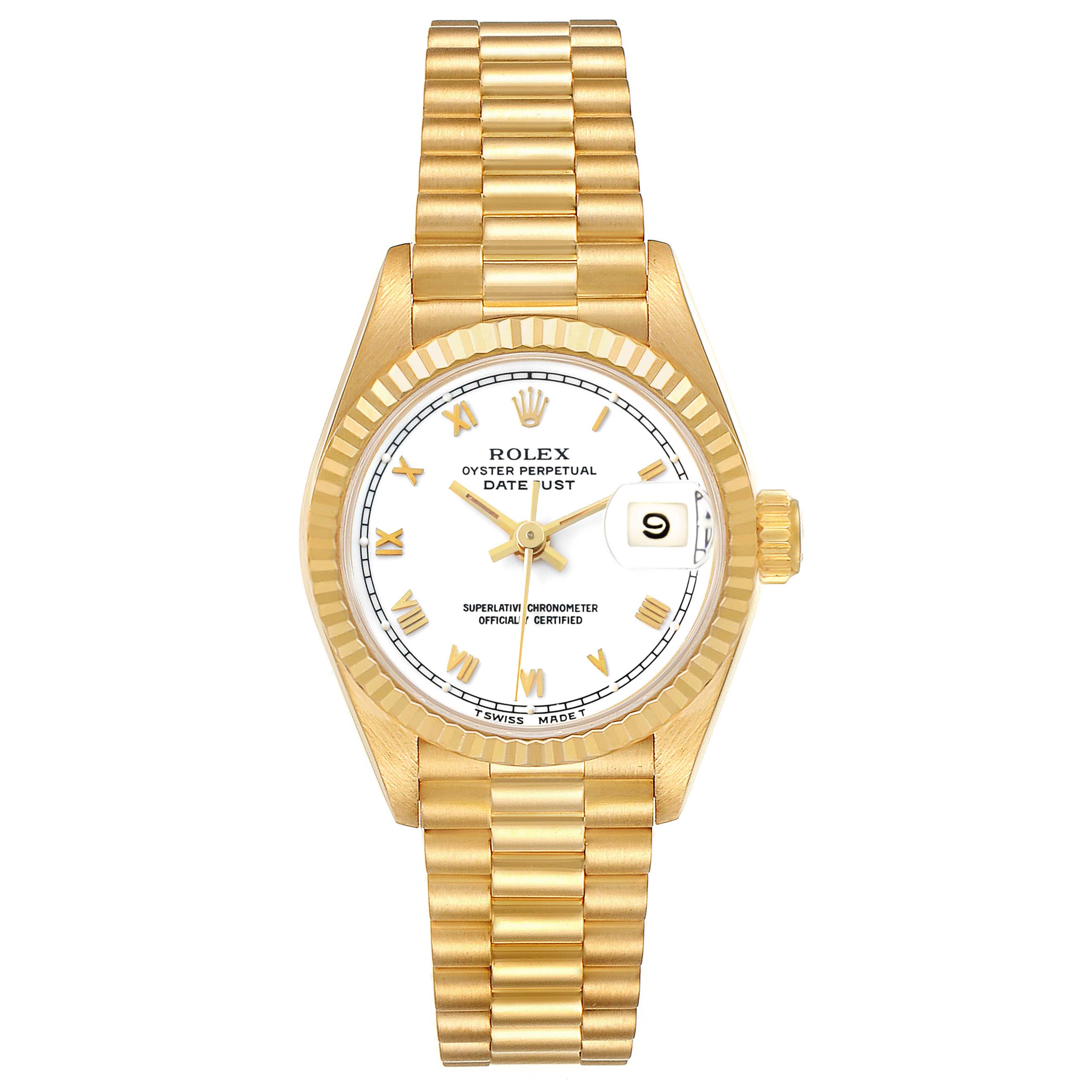 The Rolex Datejust 69178 Women's Yellow Gold White Dial watch is shown from a top view, highlighting the dial, fluted bezel, and gold bracelet.