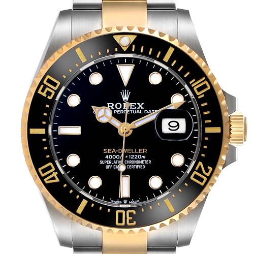 The Rolex Sea-Dweller 126603 Men's Steel and Gold (two tone) Black Dial watch is shown from a straight-on angle, displaying its face, bezel, and part of the bracelet.