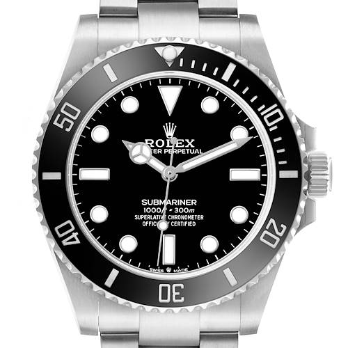 The Rolex Submariner 124060 Men's Stainless Steel Black Dial watch is shown from the front, highlighting the dial, bezel, and part of the bracelet.