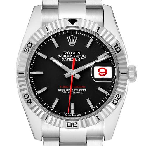 The Rolex Turn-o-Graph 116264 Men's Stainless Steel Black Dial watch is shown from a front angle, highlighting the dial, bezel, hands, and bracelet.