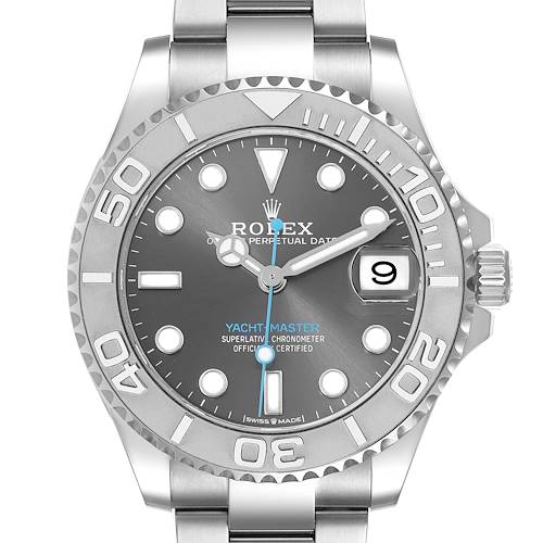 The Rolex Yacht-Master 268622 Men's Stainless Steel Grey Dial 268622 Men's Stainless Steel Grey Dial watch is shown from a frontal angle, displaying the dial, bezel, and part of the bracelet.