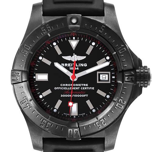 This image shows a front view of the Breitling Avenger M17330 Men's Stainless Steel Black Dial M17330 Men's Stainless Steel Black Dial watch, highlighting its bezel, dial, hands, and date window.