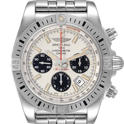 The image shows a front angle of a Breitling Chronomat AB0115 Men's Stainless Steel Silver Dial AB0115 Men's Stainless Steel Silver Dial watch, highlighting the dial, bezel, and stainless steel bracelet.