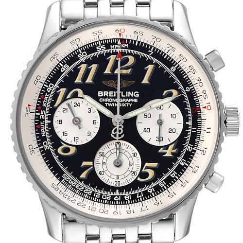 The image shows a straight-on view of the Breitling Navitimer A39022.1 Men's Stainless Steel Black Dial A39022.1 Men's Stainless Steel Black Dial watch, displaying its face, dials, and part of the bracelet.