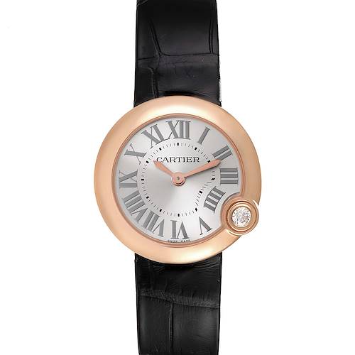 The image shows a front view of the Cartier Ballon Bleu watch, highlighting its dial, case, and leather strap.