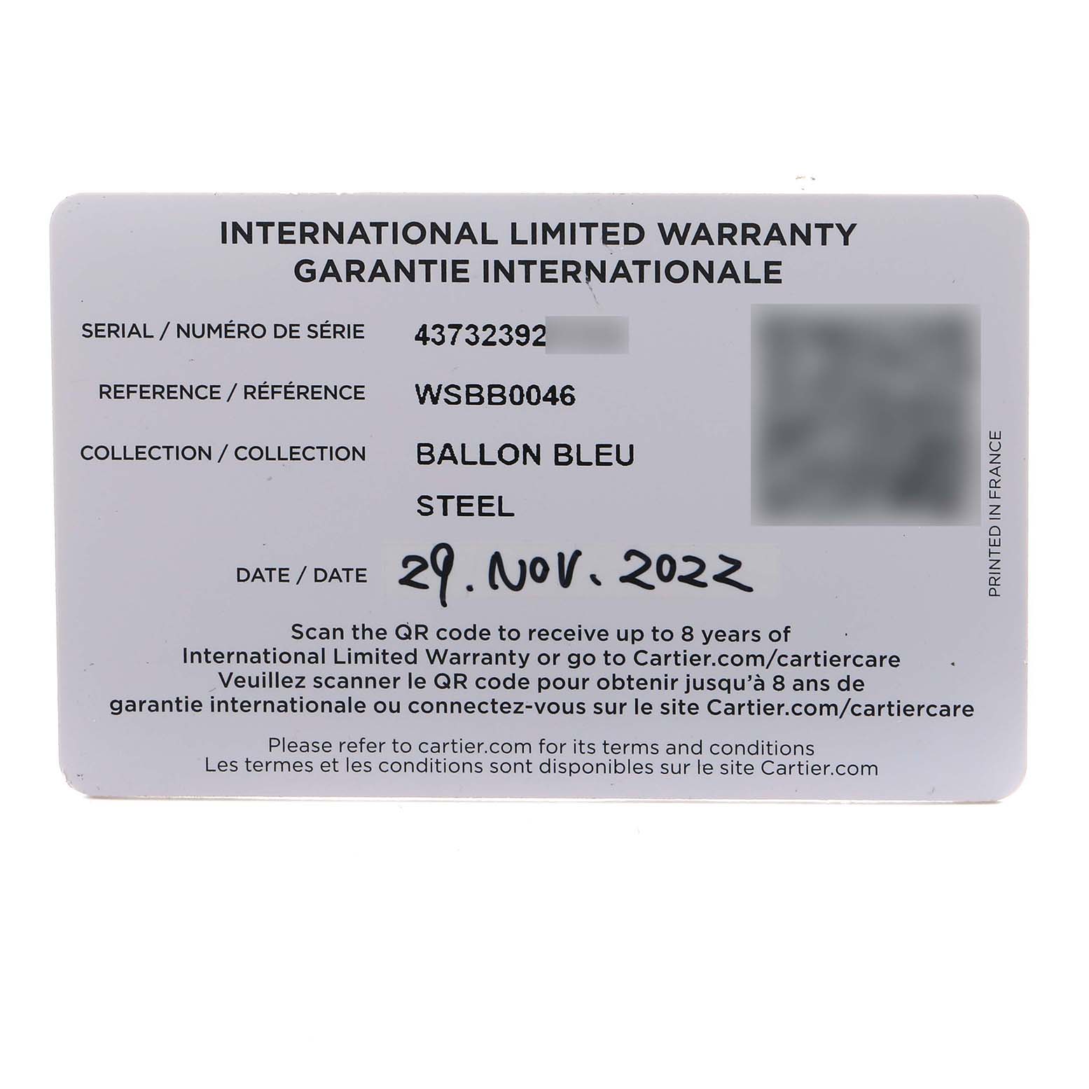 The image shows an International Limited Warranty card for the Ballon Bleu model by Cartier, displaying serial, reference numbers, and date.