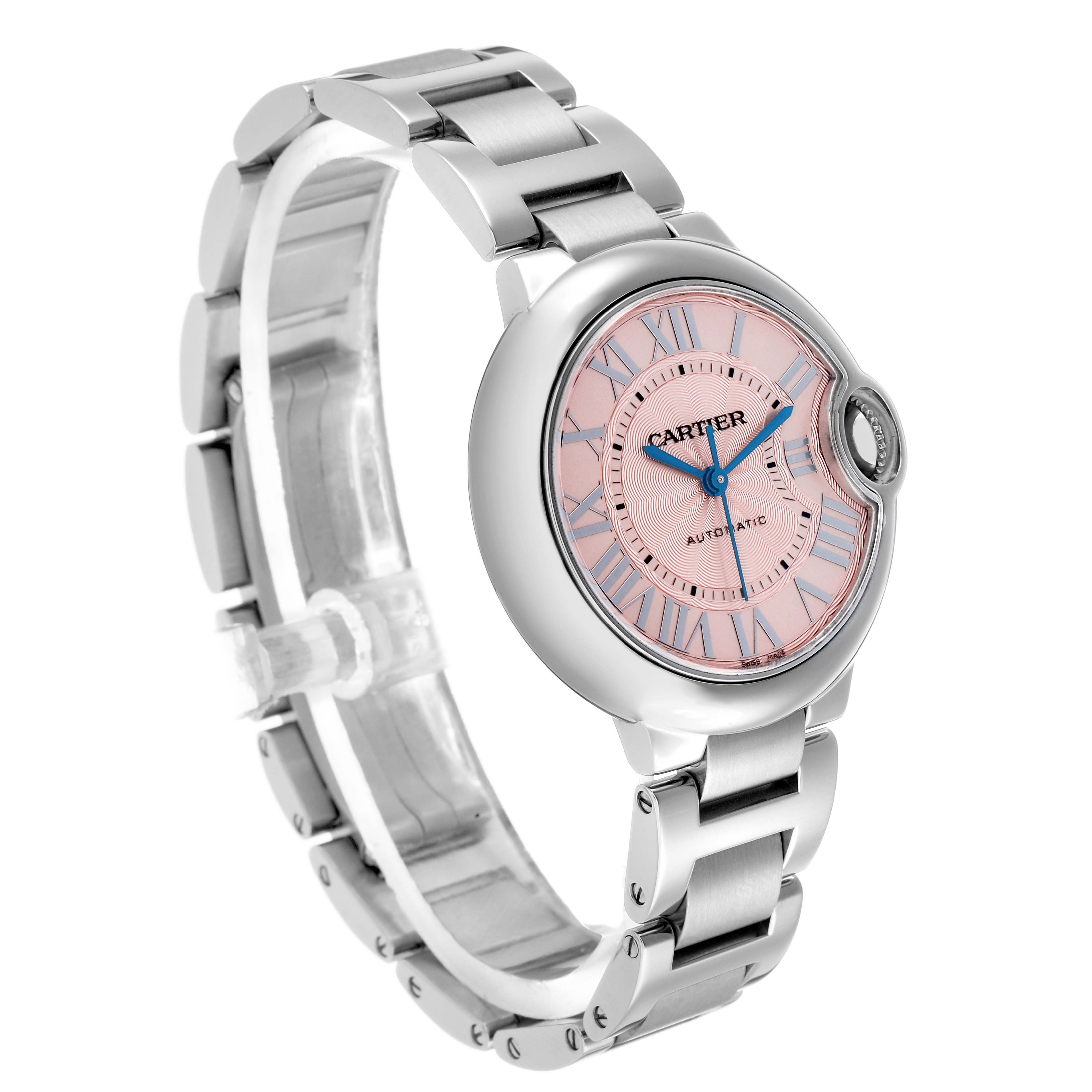The Cartier Ballon Bleu WSBB0046 Men's Stainless Steel Pink Dial watch is shown at a slight angle displaying the face, bracelet, and crown detail.