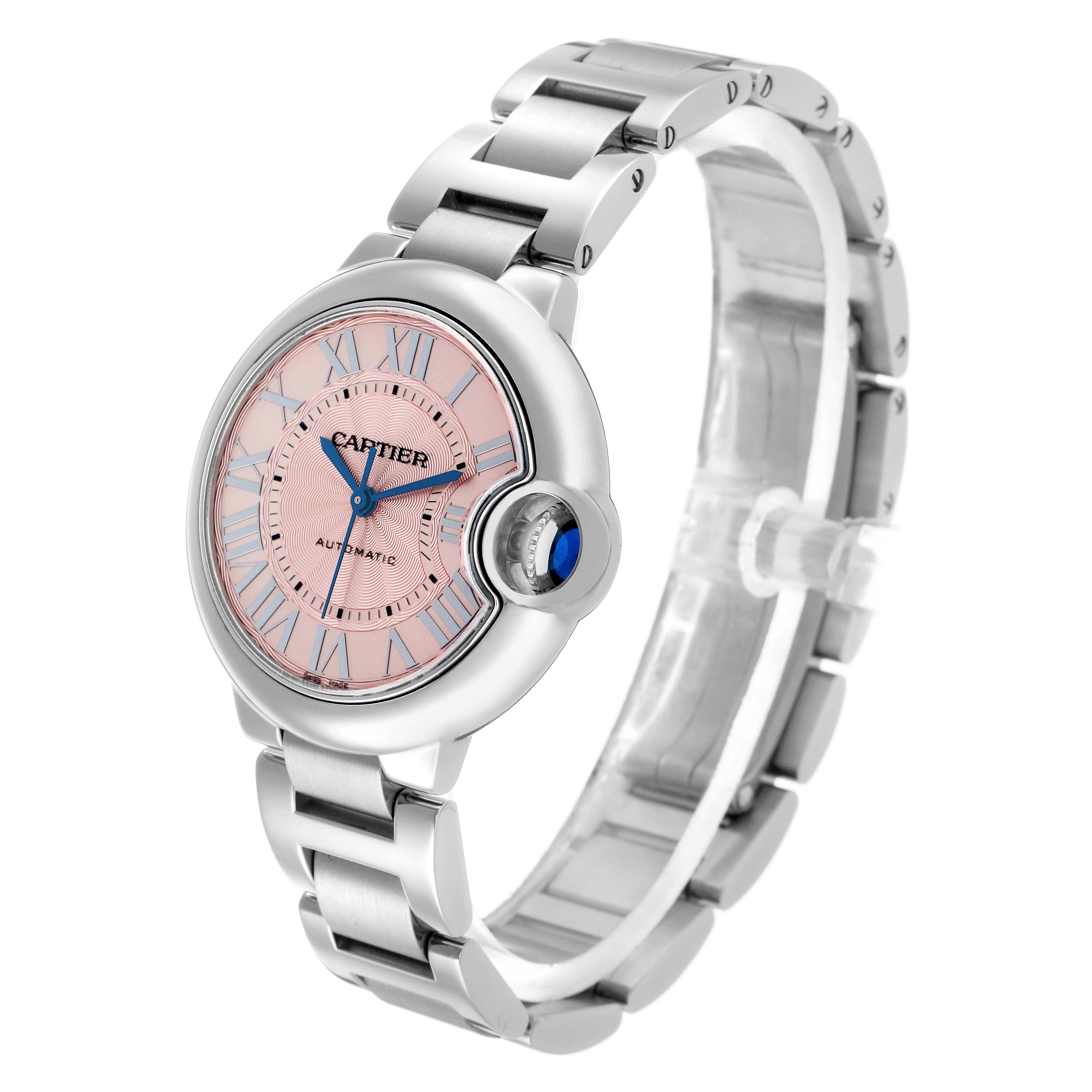 The Cartier Ballon Bleu WSBB0046 Men's Stainless Steel Pink Dial watch is shown at a three-quarter angle, highlighting the face, crown, and bracelet.