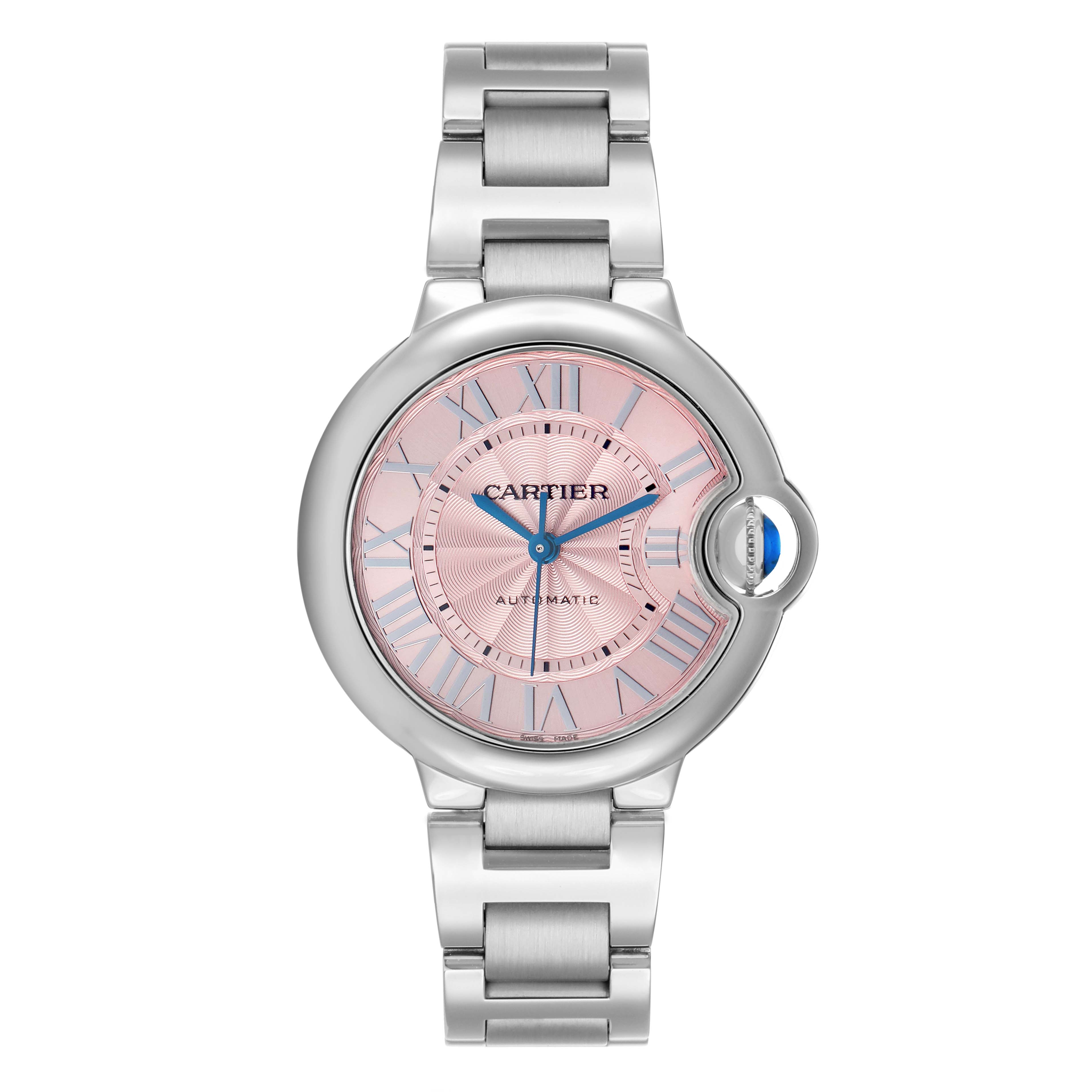 The Cartier Ballon Bleu WSBB0046 Men's Stainless Steel Pink Dial watch is shown in a front view displaying the face, bracelet, and crown.