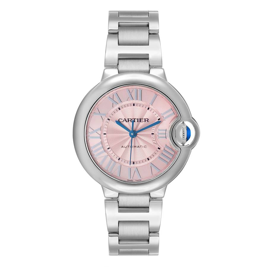 The Cartier Ballon Bleu WSBB0046 Men's Stainless Steel Pink Dial watch is shown in a front view displaying the face, bracelet, and crown.