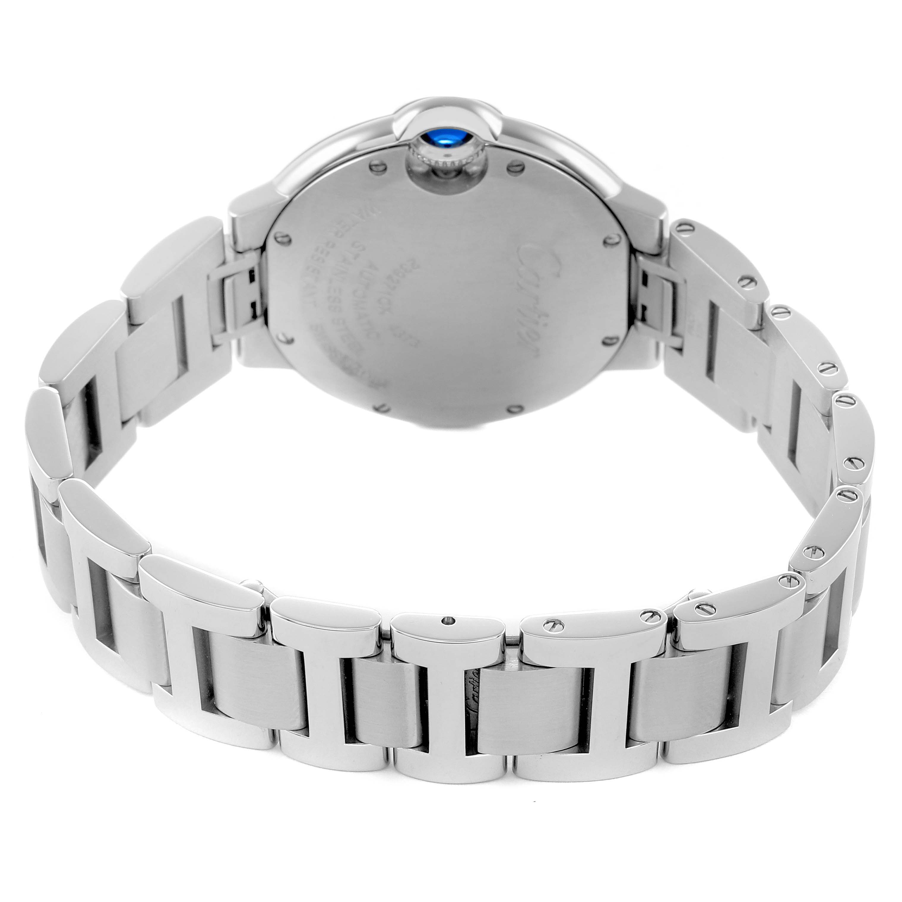 The image shows the back and bracelet of a Cartier Ballon Bleu WSBB0046 Men's Stainless Steel Pink Dial watch at a slightly angled view.