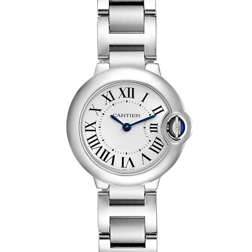 This image shows a front view of the Cartier Ballon Bleu W69010Z4 Women's Stainless Steel Silver Dial W69010Z4 Women's Stainless Steel Silver Dial watch displaying its dial, bracelet, and crown.
