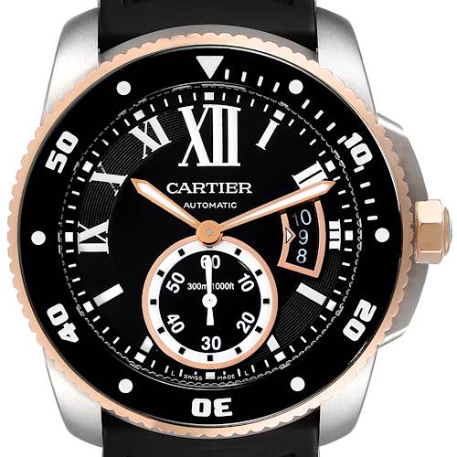 The image shows a front view of a Calibre de Cartier watch by Cartier, highlighting the dial, bezel, and crown.