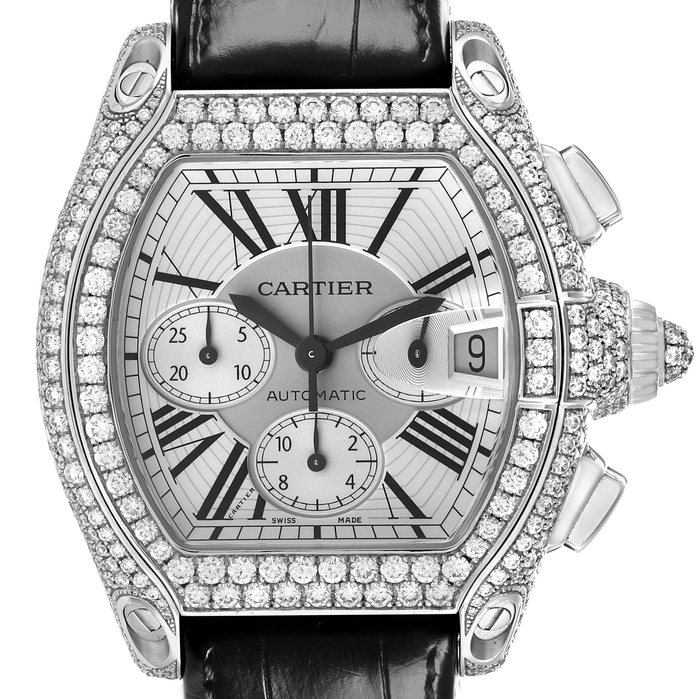 The Cartier Roadster WE50032H Men's White Gold Silver Dial watch is shown from a top-down angle, highlighting its diamond-encrusted bezel and dial details.