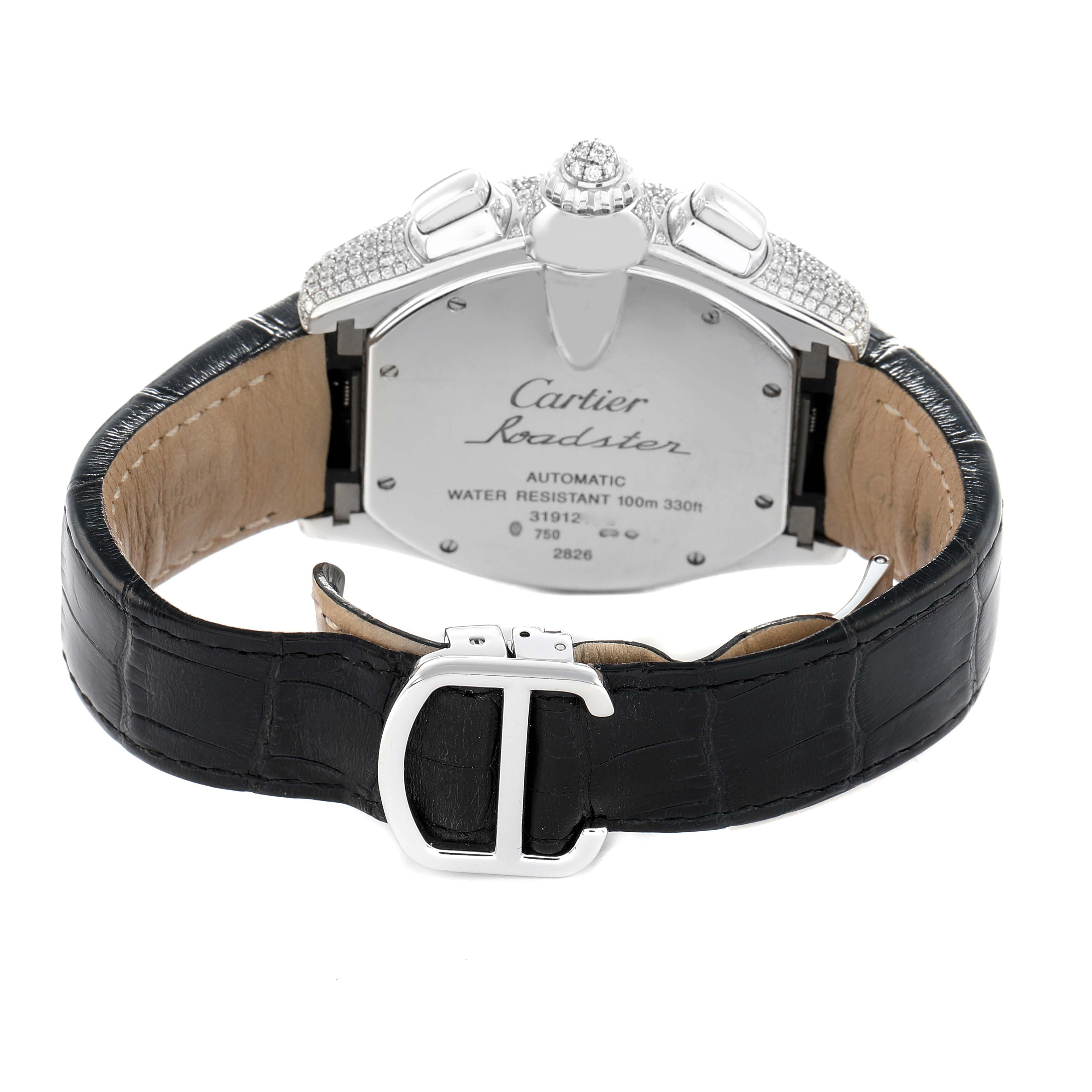 The Cartier Roadster WE50032H Men's White Gold Silver Dial watch is shown from the back, displaying the case back, crown, and black leather strap with a clasp.