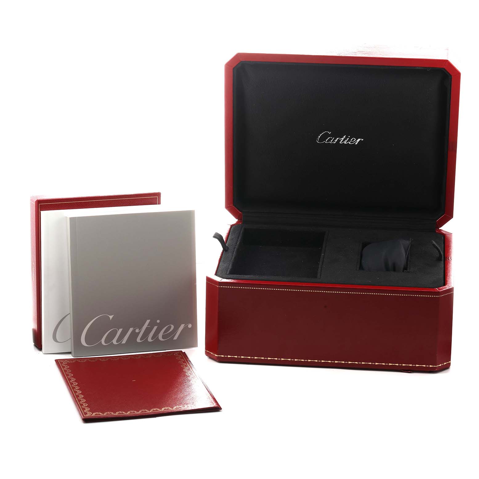 The image shows a Cartier Roadster WE50032H Men's White Gold Silver Dial watch box, an open red leather case, and accompanying documents.