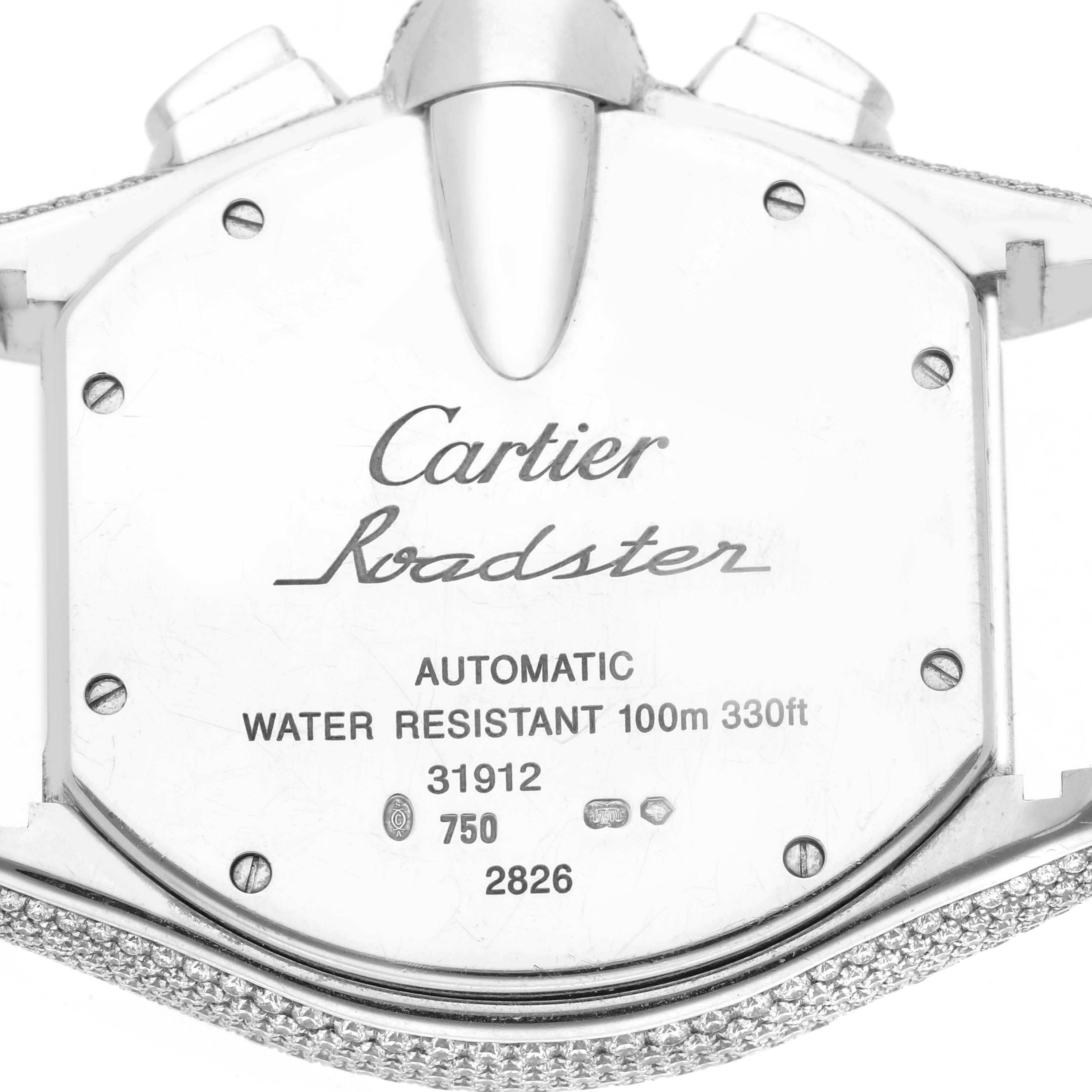 The image shows the back of a Cartier Roadster WE50032H Men's White Gold Silver Dial watch, highlighting its automatic movement and water resistance details.