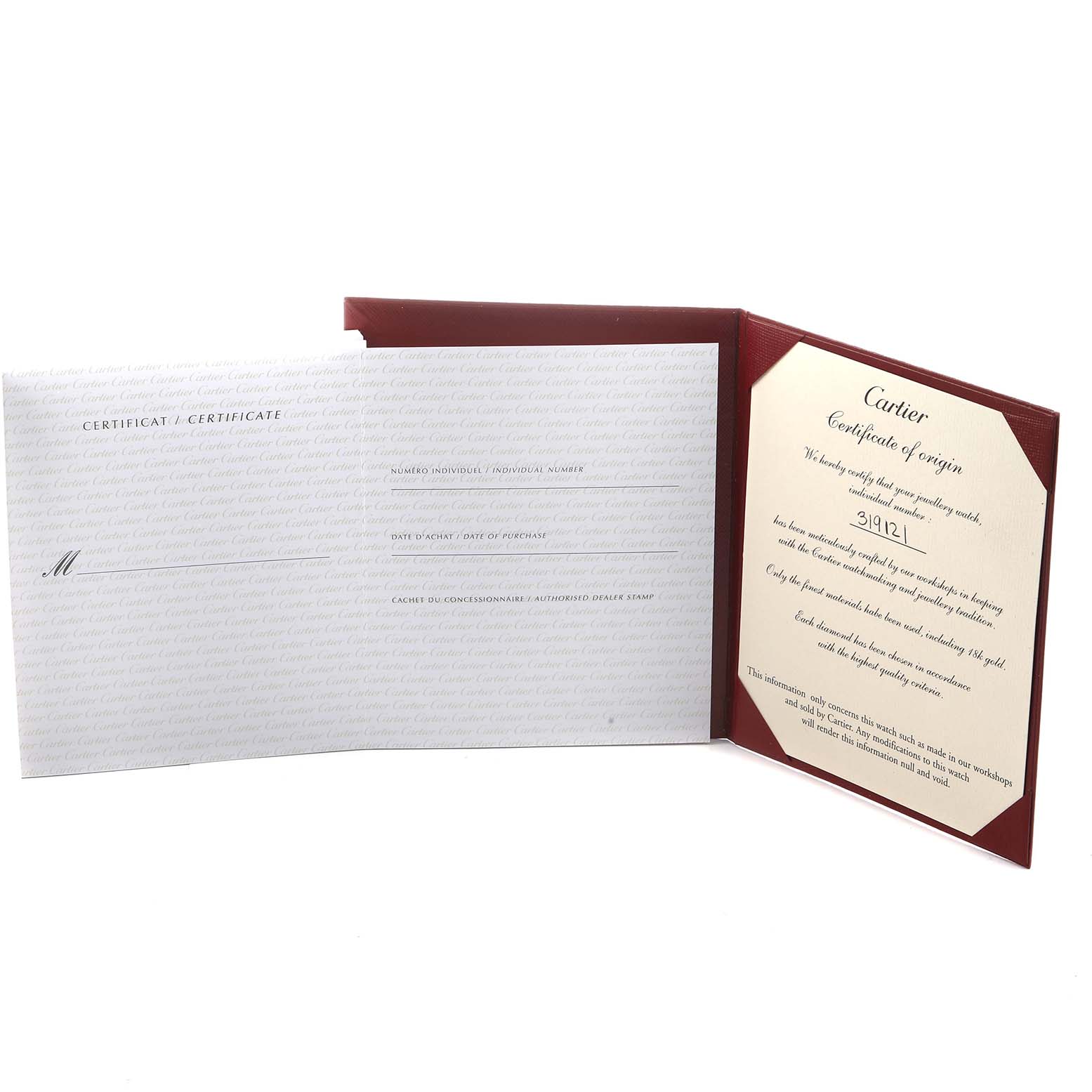 The image shows a Cartier Roadster WE50032H Men's White Gold Silver Dial watch certificate of origin in a partially opened red holder.