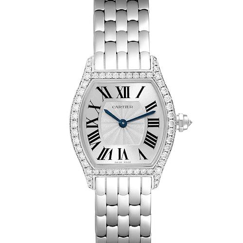 The image shows a front view of a Cartier Tortue WA501011 Women's White Gold Silver Dial WA501011 Women's White Gold Silver Dial watch with its bracelet, dial, and crown visible.