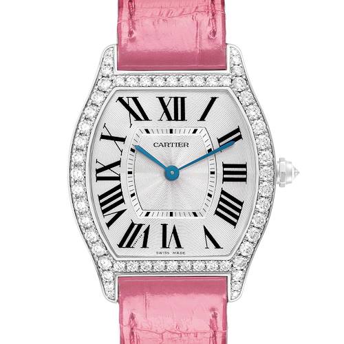The Cartier Tortue WA501009 men's watch is shown from a top-down angle, highlighting its diamond-encrusted bezel and pink strap.