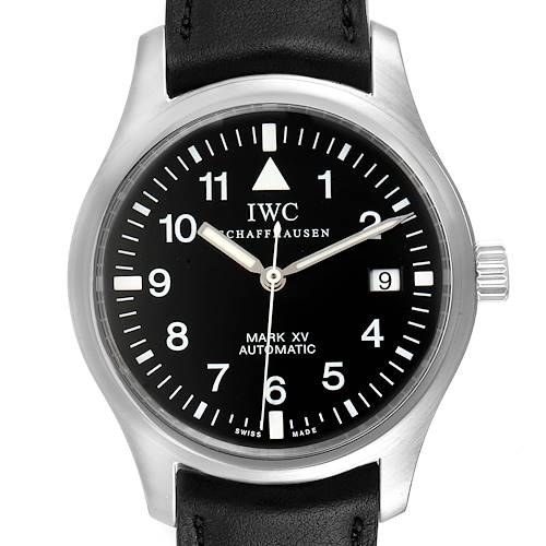 This image shows a frontal view of the IWC Pilot IW325301 Men's Stainless Steel Black Dial IW325301 Men's Stainless Steel Black Dial Mark XV watch, featuring its black dial, numerals, and leather strap.