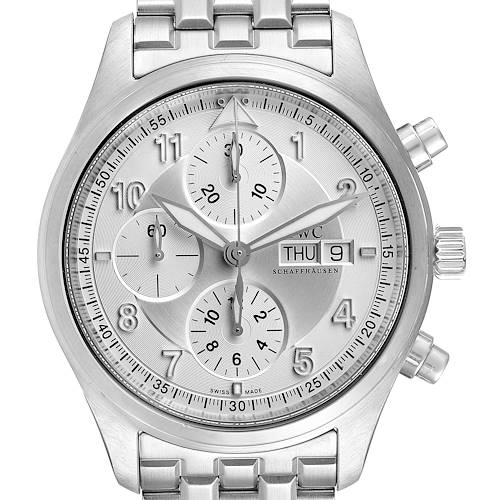 The image shows the face and bracelet of an IWC Pilot IW371705 Men's Stainless Steel Silver Dial IW371705 Men's Stainless Steel Silver Dial watch model, highlighting its chronograph subdials, day-date display, and stainless steel design.