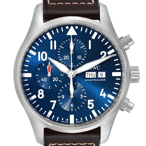 This image shows a front view of the IWC Pilot IW377714 Men's Stainless Steel Blue Dial IW377714 Men's Stainless Steel Blue Dial model watch, showcasing its blue dial, chronograph sub-dials, and leather strap.