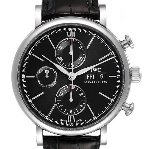 The image shows a front view of the IWC Portofino IW391008 Men's Stainless Steel Black Dial IW391008 Men's Stainless Steel Black Dial watch, displaying its black dial, chronograph subdials, and leather strap.