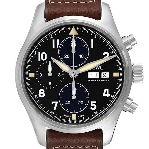 This image shows a front view of the IWC Pilot IW387903 Men's Stainless Steel Black Dial IW387903 Men's Stainless Steel Black Dial model watch, featuring a black dial, chronograph subdials, and a brown leather strap.