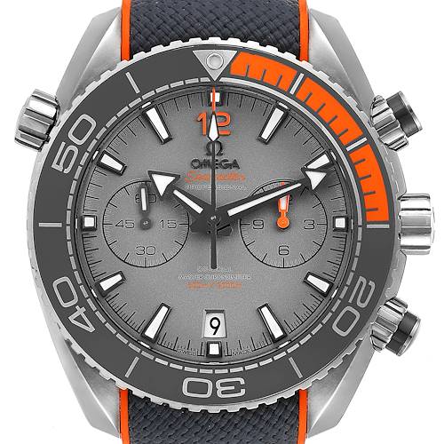 The image shows a front view of the Omega Planet Ocean 215.92.46.51.99.001 Men's Titanium Grey Dial 215.92.46.51.99.001 Men's Titanium Grey Dial watch, highlighting the dial, bezel, and chronograph sub-dials.