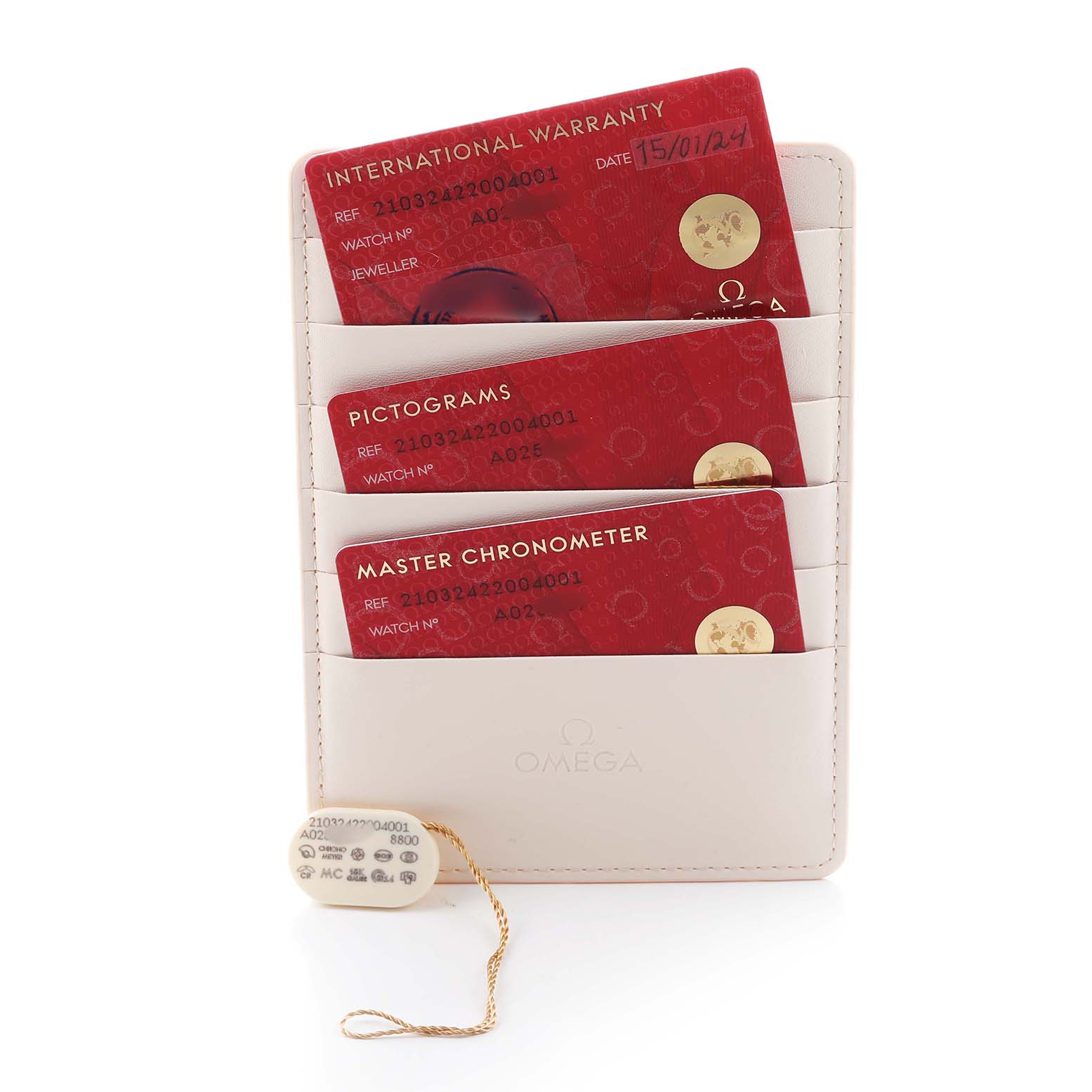 The image shows warranty and certification cards for the Omega Seamaster 210.32.42.20.04.001 Men's Stainless Steel White Dial, along with a tag, all in a card holder.