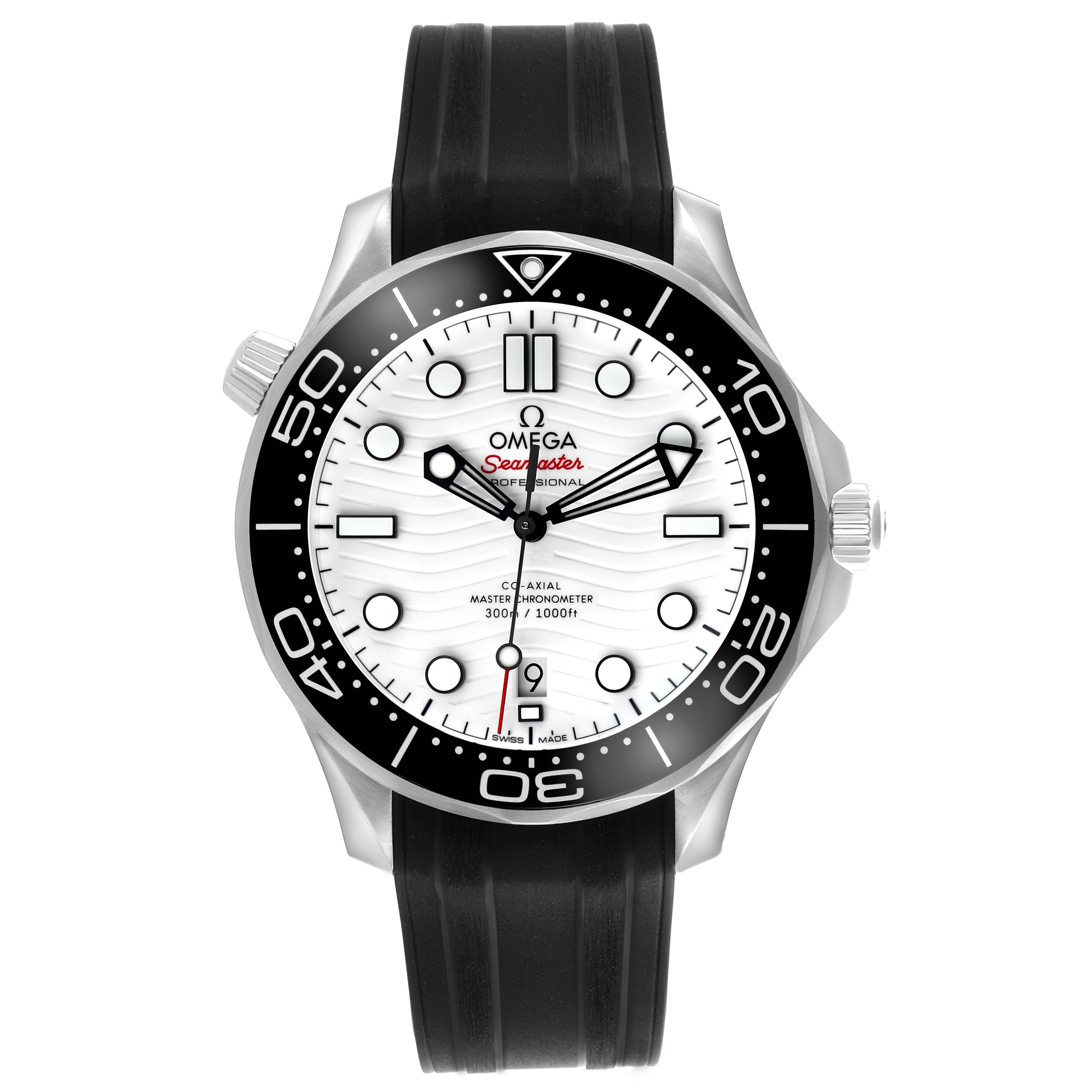 The Omega Seamaster 210.32.42.20.04.001 Men's Stainless Steel White Dial watch is shown from a front view, displaying its white dial, black bezel, and rubber strap.