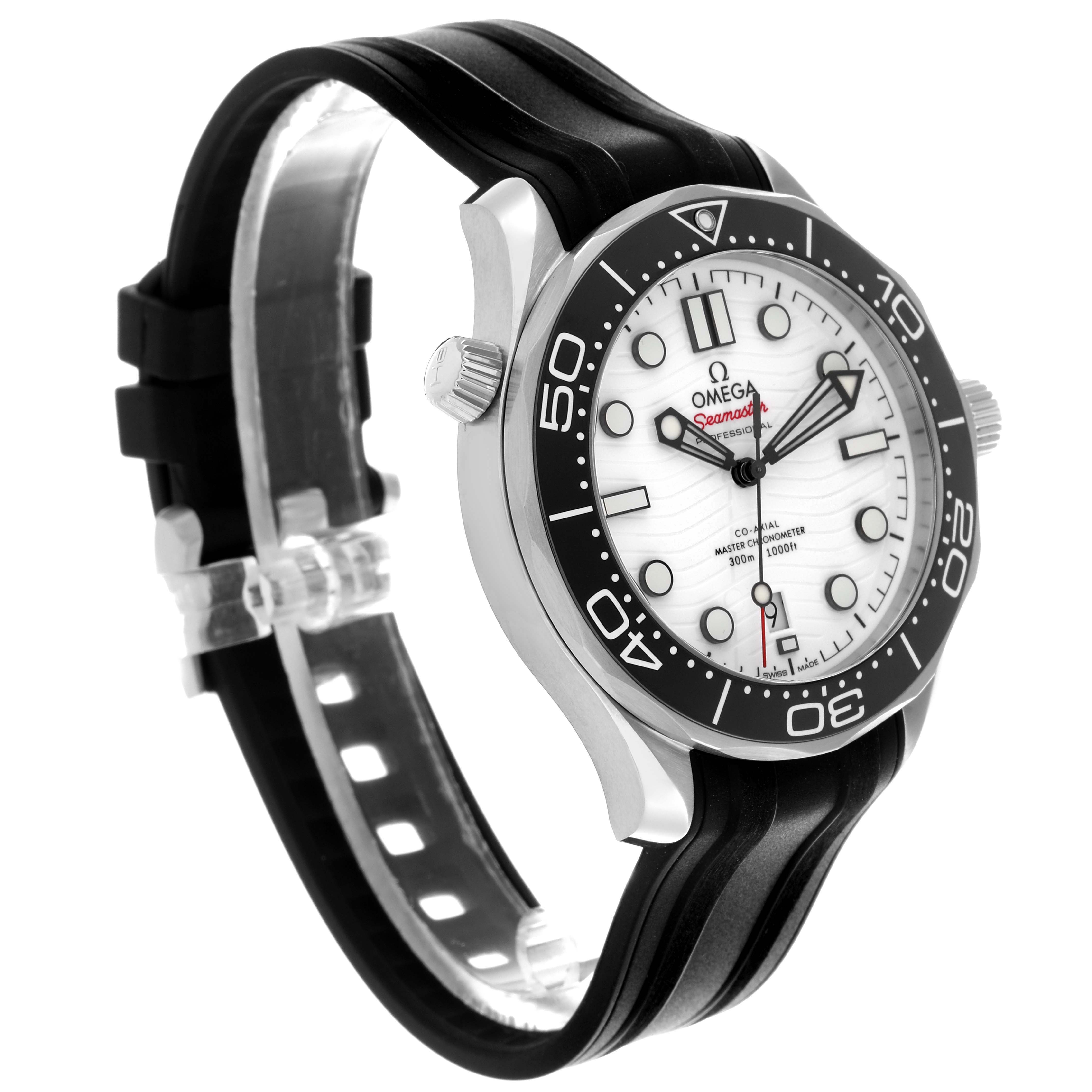 The Omega Seamaster 210.32.42.20.04.001 Men's Stainless Steel White Dial watch is shown at a three-quarter angle, displaying the dial, bezel, crown, and strap.