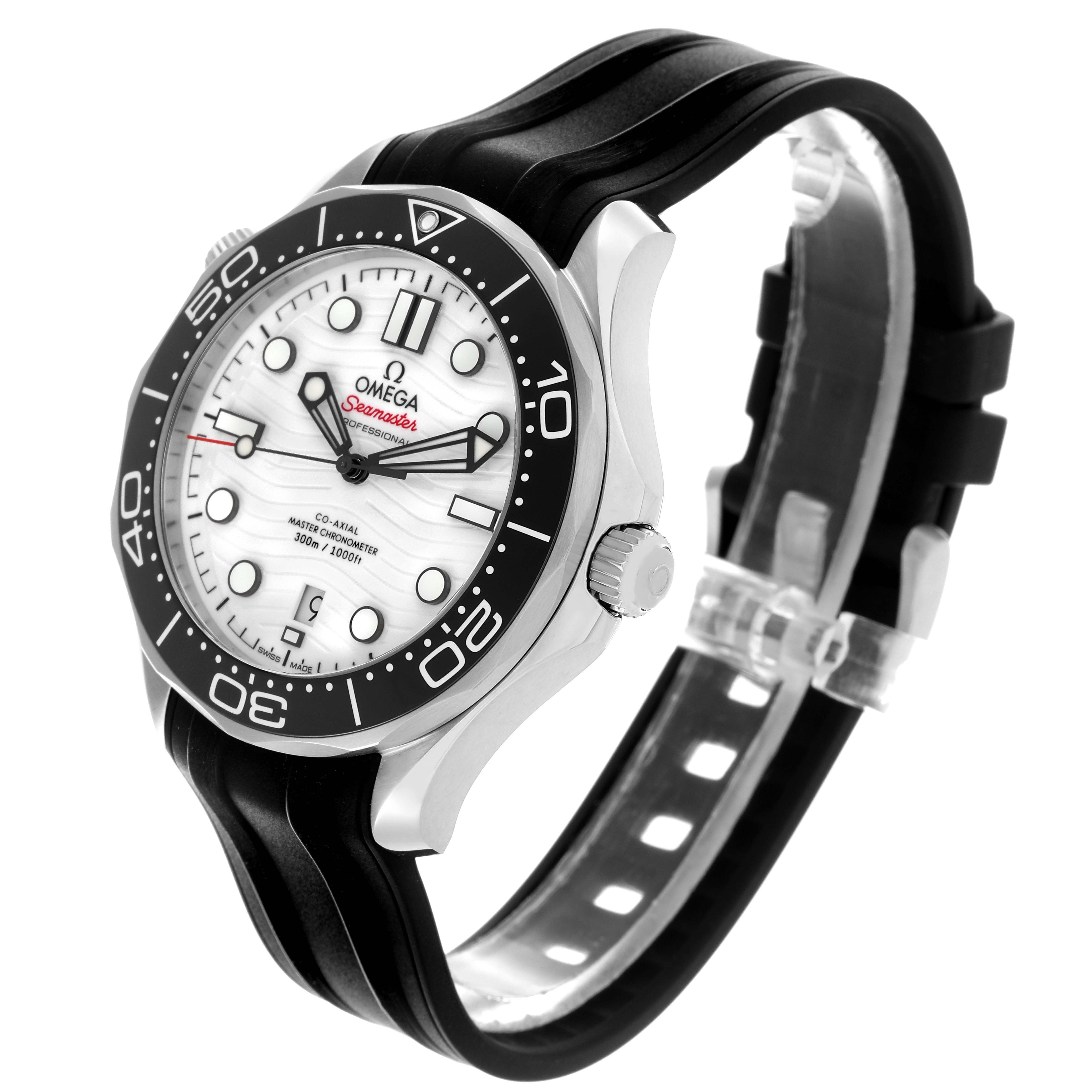 The Omega Seamaster 210.32.42.20.04.001 Men's Stainless Steel White Dial watch is shown at an angled view, highlighting the face, bezel, crown, and black strap.