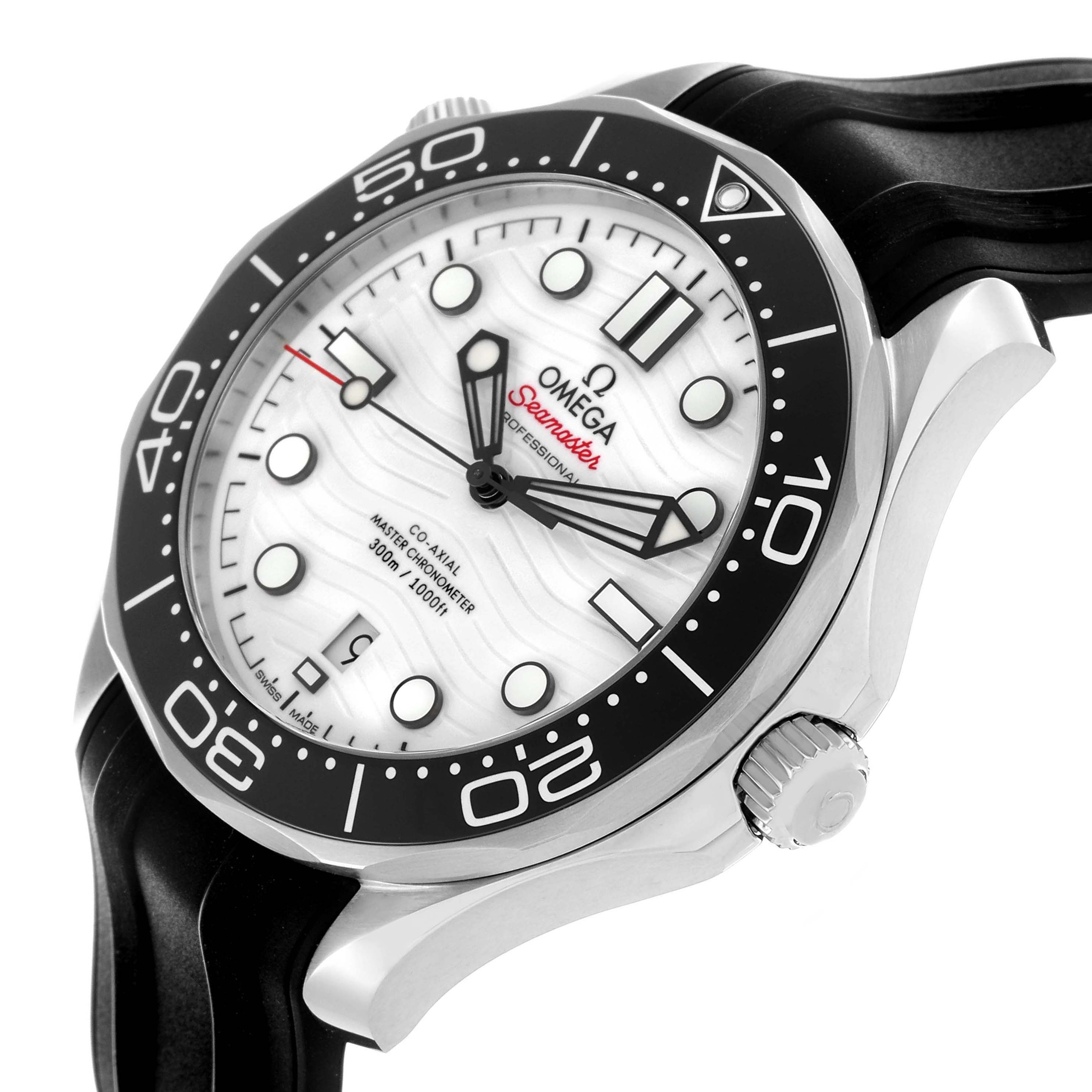 The Omega Seamaster 210.32.42.20.04.001 Men's Stainless Steel White Dial watch is shown from a slightly angled side view, highlighting the face, bezel, and crown.